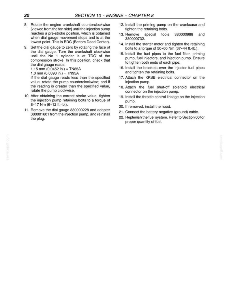 May include: A technical document page titled Section 10 - Engine - Chapter 8, containing numbered instructions 8 through 22 for engine maintenance. The text details procedures for crankshaft rotation, dial gauge settings, and fuel system component installation.