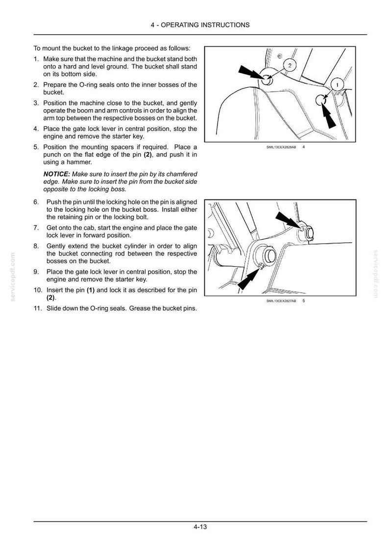 May include: Diagram of operating instructions for a machine, with numbered steps and illustrations. The text explains how to mount a bucket to the linkage, including preparing O-ring seals and inserting pins.