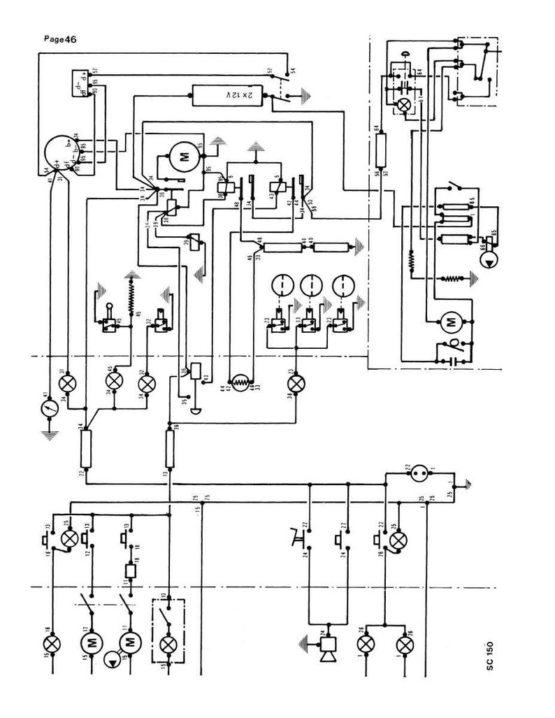Op de afbeelding: Een zwart-wit schema van een elektrisch systeem, met verschillende symbolen, lijnen en tekst. Het schema bevat componenten zoals motoren, batterijen en schakelaars, met de tekst "Page 46" zichtbaar.