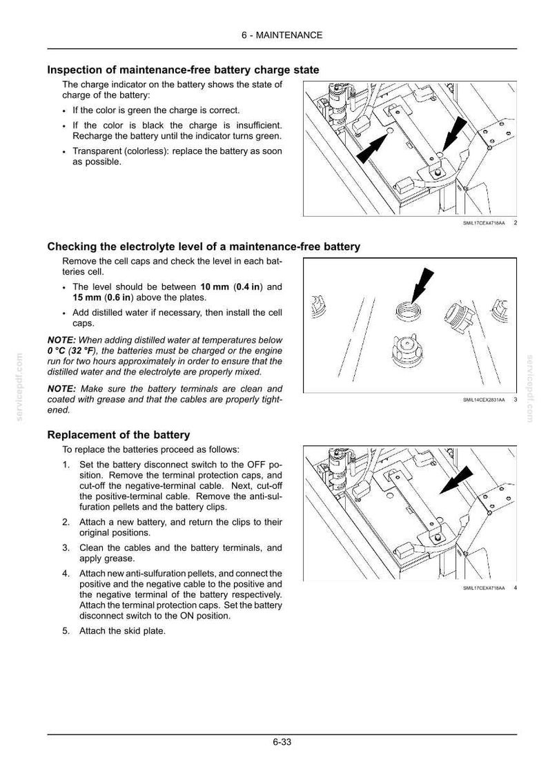 May include: Diagram showing maintenance instructions for a maintenance-free battery. Includes steps for checking electrolyte levels, replacing the battery, and inspecting the charge state. Measurements are in mm.