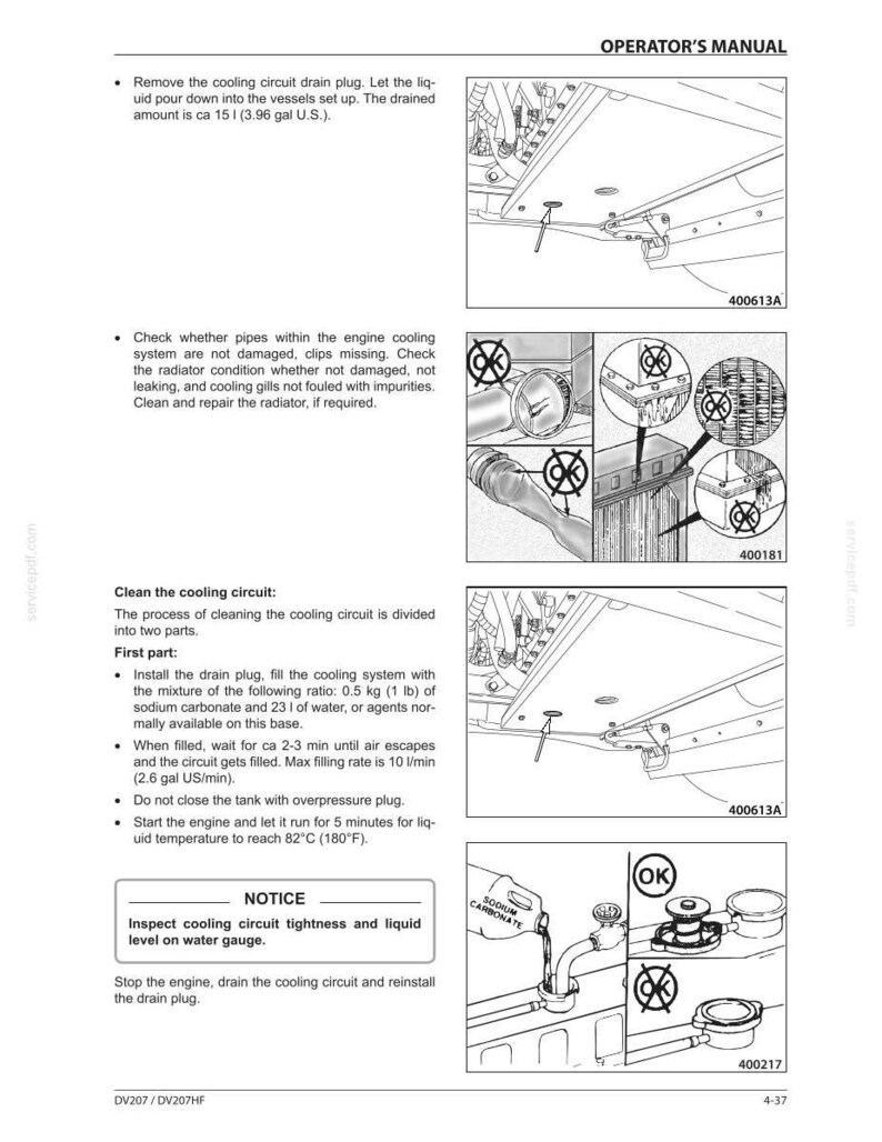 May include: Operator's manual page with diagrams and instructions for cleaning a cooling circuit. Includes steps for draining, filling with a sodium carbonate mixture, and checking for leaks. Features diagrams and the text "NOTICE".