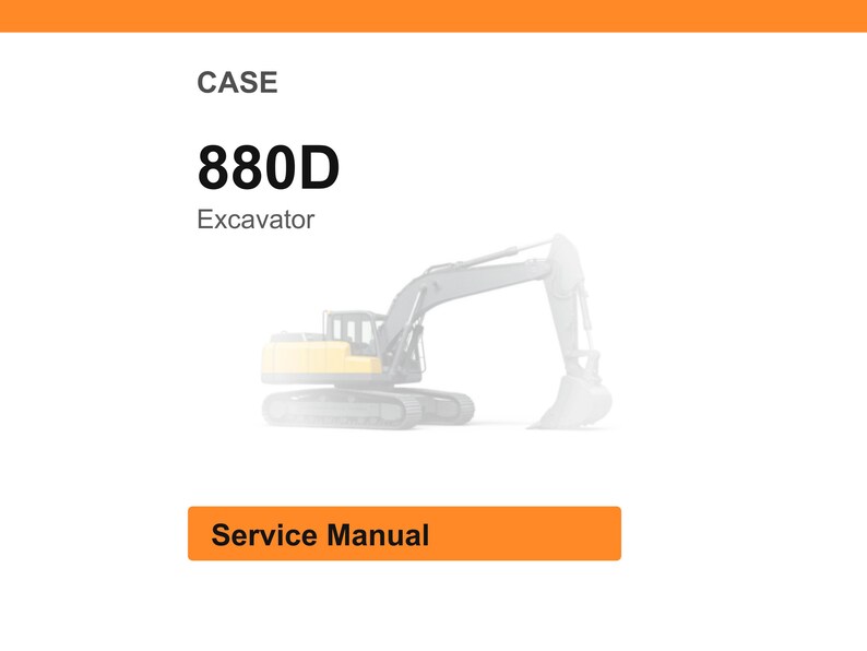 May include: Image of a CASE 880D excavator. The text "CASE" is at the top, with "880D" in bold font below it, and "Excavator" underneath. A "Service Manual" button is at the bottom.