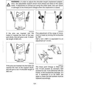 May include: A technical manual page titled Operational Use, Quick Adjustment Between Cat. II and Cat. III. It features diagrams showing support struts, pins, and turnbuckles for tractor three-point linkages with measurements of 825 mm and 965 mm.