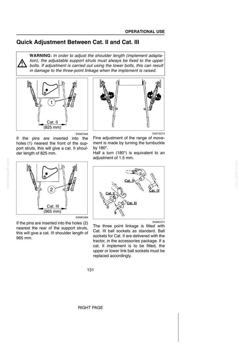 May include: A technical manual page titled Operational Use, Quick Adjustment Between Cat. II and Cat. III. It features diagrams showing support struts, pins, and turnbuckles for tractor three-point linkages with measurements of 825 mm and 965 mm.