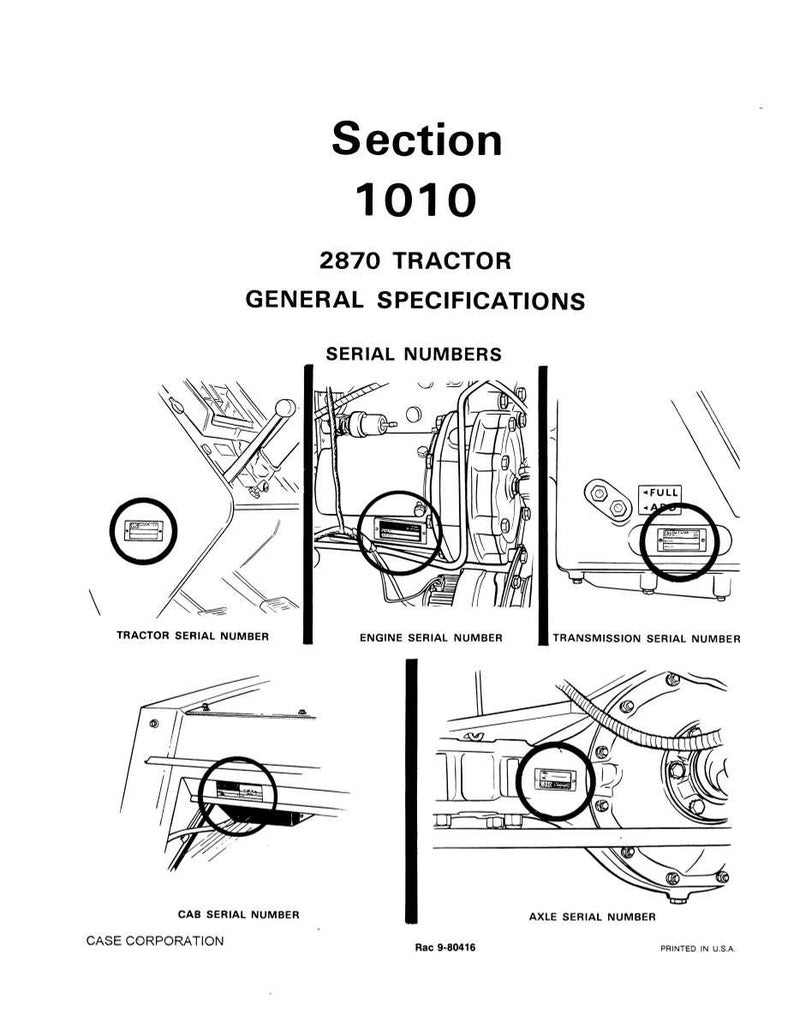 May include: A black and white diagram from a Case Corporation manual, detailing the serial number locations on a 2870 tractor. The diagram includes labels for the tractor, engine, transmission, cab, and axle serial numbers.