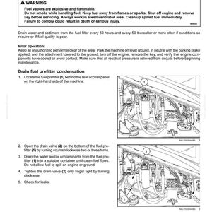 Peut inclure: Une page de manuel d'entretien d&eacute;taillant la condensation de vidange du pr&eacute;filtre &agrave; carburant. Le texte comprend des avertissements concernant les vapeurs de carburant et des instructions pour vidanger le filtre. Des sch&eacute;mas montrent l'emplacement du pr&eacute;filtre &agrave; carburant et de la vanne de vidange.
