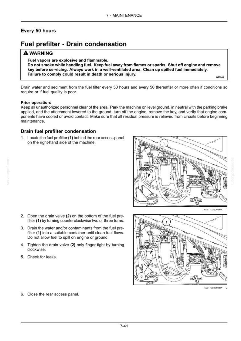 Peut inclure: Une page de manuel d'entretien d&eacute;taillant la condensation de vidange du pr&eacute;filtre &agrave; carburant. Le texte comprend des avertissements concernant les vapeurs de carburant et des instructions pour vidanger le filtre. Des sch&eacute;mas montrent l'emplacement du pr&eacute;filtre &agrave; carburant et de la vanne de vidange.