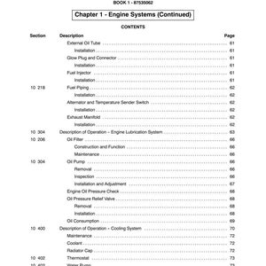 May include: A page from a manual titled "SECTION 10 - ENGINE" with a table of contents. The table lists engine system components such as fuel injectors, oil filters, and cooling fans. The page is white with black text.