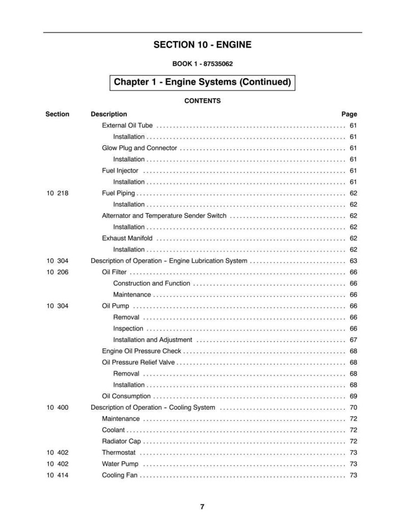 May include: A page from a manual titled "SECTION 10 - ENGINE" with a table of contents. The table lists engine system components such as fuel injectors, oil filters, and cooling fans. The page is white with black text.