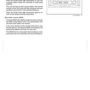 K&ouml;nnte beinhalten: Eine Seite aus einem technischen Handbuch mit dem Titel 3 - CONTROLS AND INSTRUMENTS, die eine schwarz-wei&szlig;e Strichzeichnung einer Autoradio-Schnittstelle zeigt. Das Diagramm hebt die mit A gekennzeichnete SCAN- und BSM-Taste hervor.