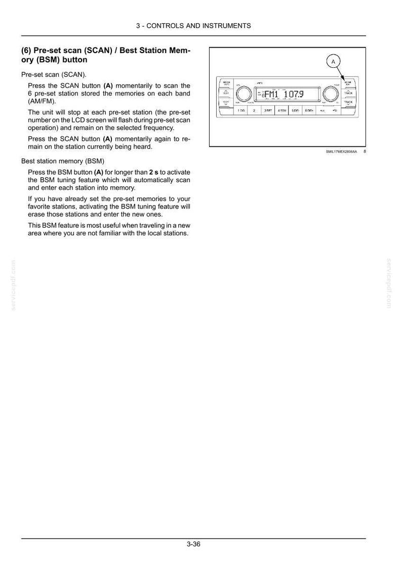K&ouml;nnte beinhalten: Eine Seite aus einem technischen Handbuch mit dem Titel 3 - CONTROLS AND INSTRUMENTS, die eine schwarz-wei&szlig;e Strichzeichnung einer Autoradio-Schnittstelle zeigt. Das Diagramm hebt die mit A gekennzeichnete SCAN- und BSM-Taste hervor.