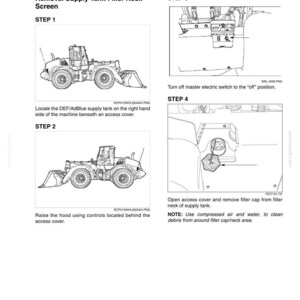 May include: A technical instruction sheet titled DEF/ADBLUE SUPPLY FILTERS showing four steps for removing a supply tank filler neck screen. The document includes line drawings of a construction vehicle, an electrical switch, and a filler cap.