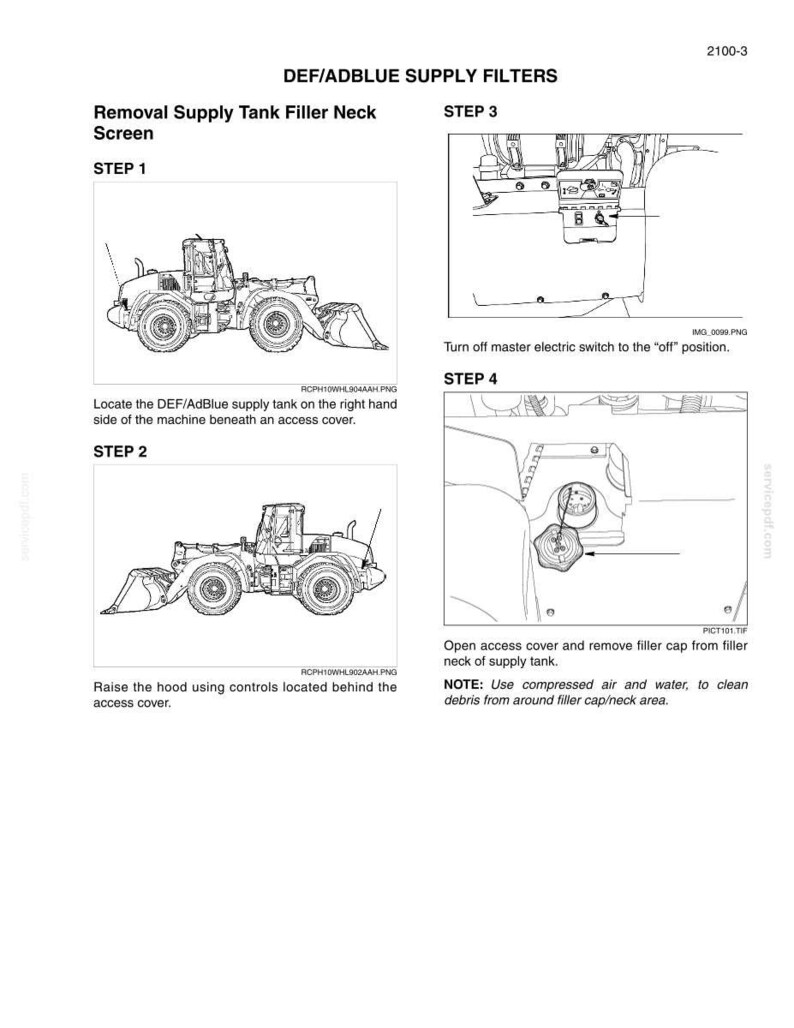 May include: A technical instruction sheet titled DEF/ADBLUE SUPPLY FILTERS showing four steps for removing a supply tank filler neck screen. The document includes line drawings of a construction vehicle, an electrical switch, and a filler cap.