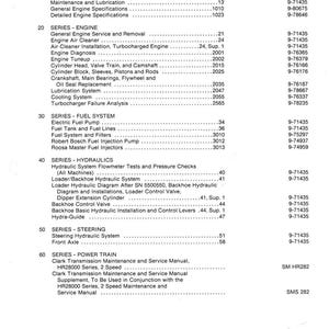 May include: A printed table of contents for a 780 CK Loader Backhoe manual. The document lists various sections including engine, fuel system, and hydraulics, with corresponding section and form numbers. Printed in the USA.