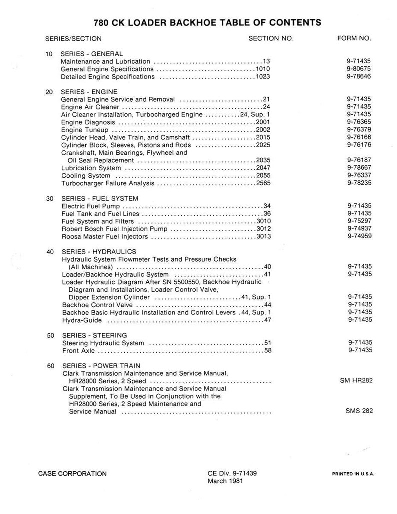 May include: A printed table of contents for a 780 CK Loader Backhoe manual. The document lists various sections including engine, fuel system, and hydraulics, with corresponding section and form numbers. Printed in the USA.