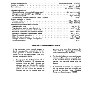 May include: A detailed specifications sheet for a Bendix-Westinghouse Tu-Flo 500 compressor. Includes measurements in inches and psi, such as a bore and stroke of 2-1/2" x 1-1/16" and a governor cut-in of 105 psi.