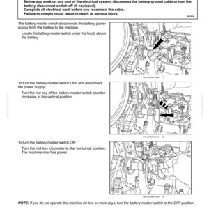 May include: Diagram of a battery master switch with instructions. The text includes a warning about electrical shock hazard and steps to turn the switch on and off. The images show the switch's location and key positions.