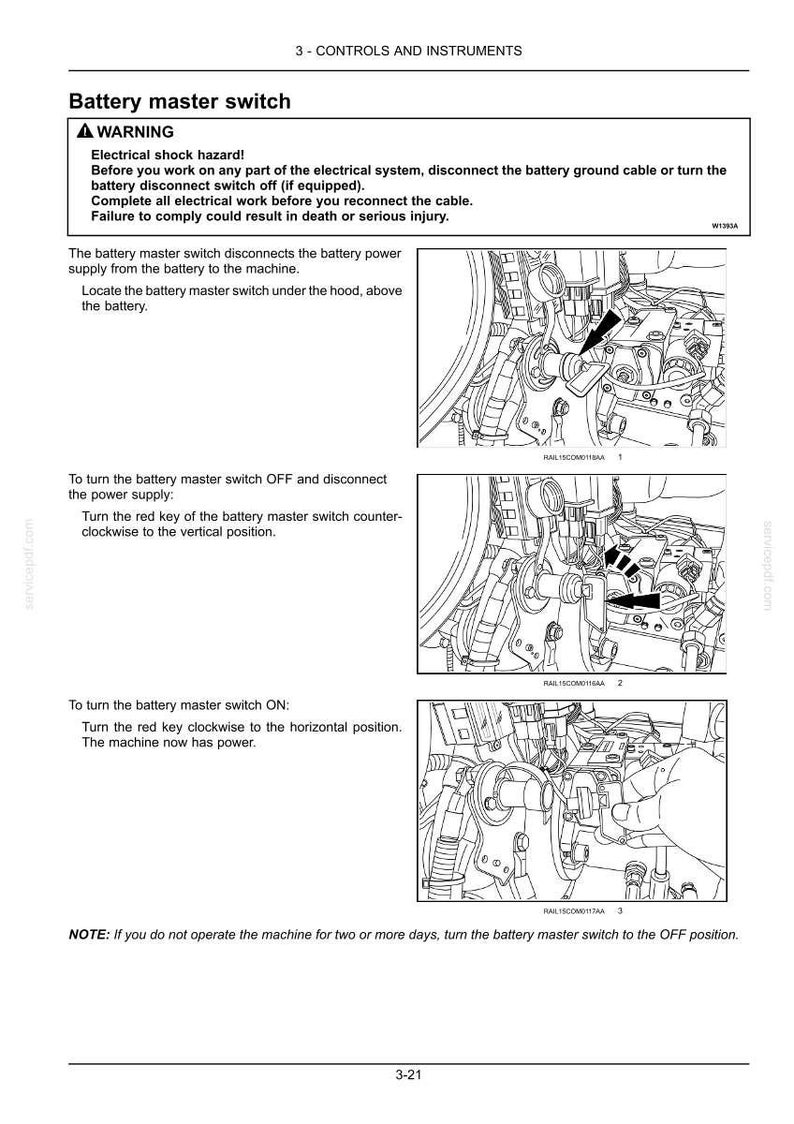 May include: Diagram of a battery master switch with instructions. The text includes a warning about electrical shock hazard and steps to turn the switch on and off. The images show the switch's location and key positions.