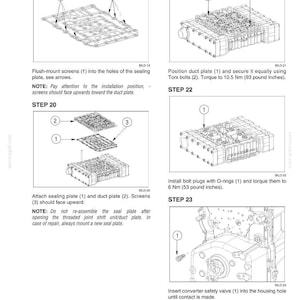 May include: Diagrams illustrating mechanical assembly steps. Step 19 shows flush-mounting screens into a sealing plate. Step 21 details positioning a duct plate and securing it with Torx bolts. Step 22 shows installing bolt plugs with O-rings. Step 23 shows inserting a converter safety valve.