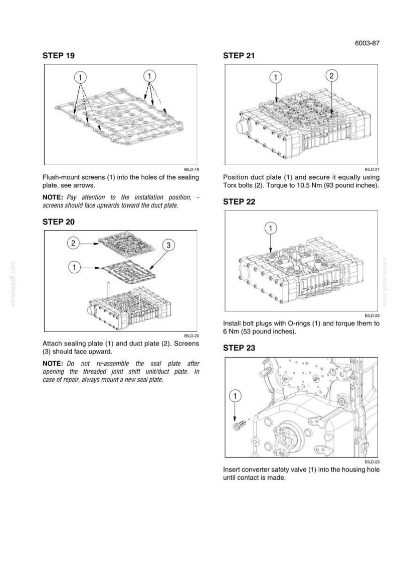 May include: Diagrams illustrating mechanical assembly steps. Step 19 shows flush-mounting screens into a sealing plate. Step 21 details positioning a duct plate and securing it with Torx bolts. Step 22 shows installing bolt plugs with O-rings. Step 23 shows inserting a converter safety valve.