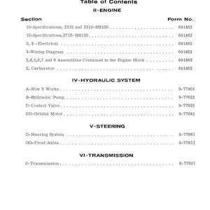 May include: A printed page featuring the table of contents for Colt compact tractors models 2310, 2510, and 2712. The document is divided into sections including Engine, Hydraulic System, Steering, and Transmission, with corresponding form numbers.