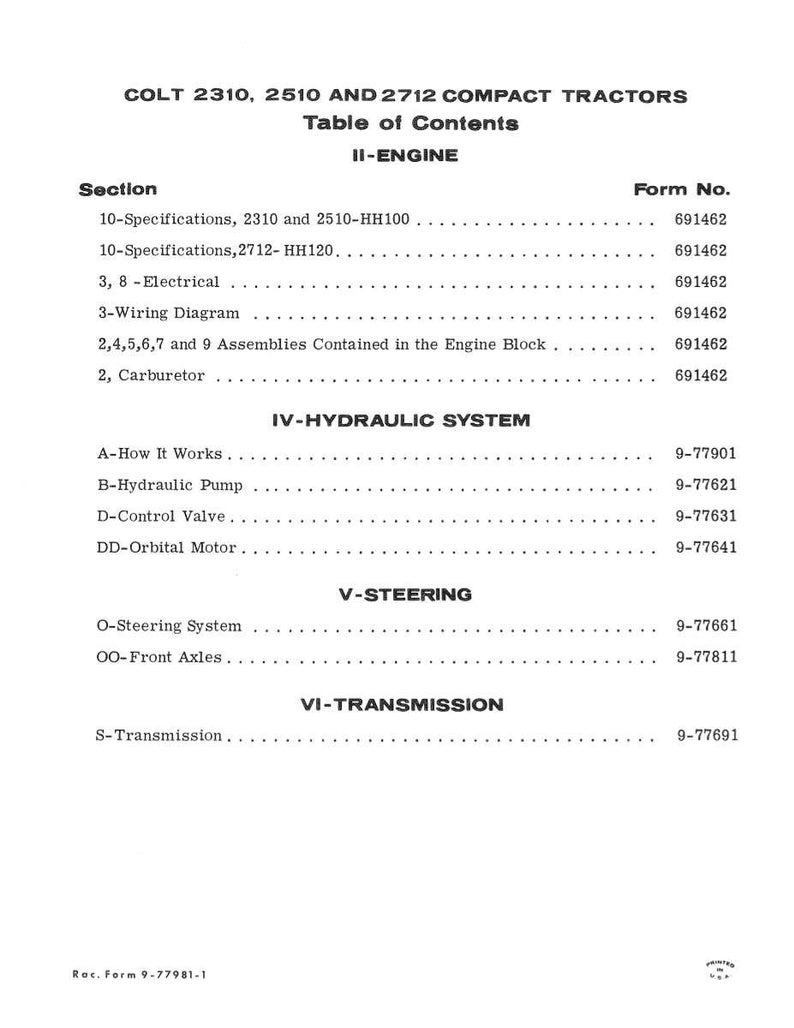 May include: A printed page featuring the table of contents for Colt compact tractors models 2310, 2510, and 2712. The document is divided into sections including Engine, Hydraulic System, Steering, and Transmission, with corresponding form numbers.