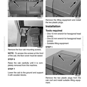 May include: Black and white image showing operating instructions for a machine. Text includes steps for removing and installing parts, along with tools required, such as a 10 mm and 22 mm wrench. The image is a technical diagram.