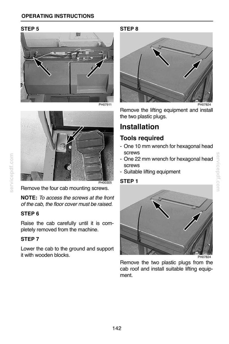 May include: Black and white image showing operating instructions for a machine. Text includes steps for removing and installing parts, along with tools required, such as a 10 mm and 22 mm wrench. The image is a technical diagram.