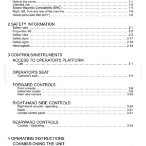 May include: A black and white table of contents page from a technical manual. The text lists sections including General Information, Safety Information, Controls/Instruments, and Operating Instructions with corresponding page numbers for each topic.