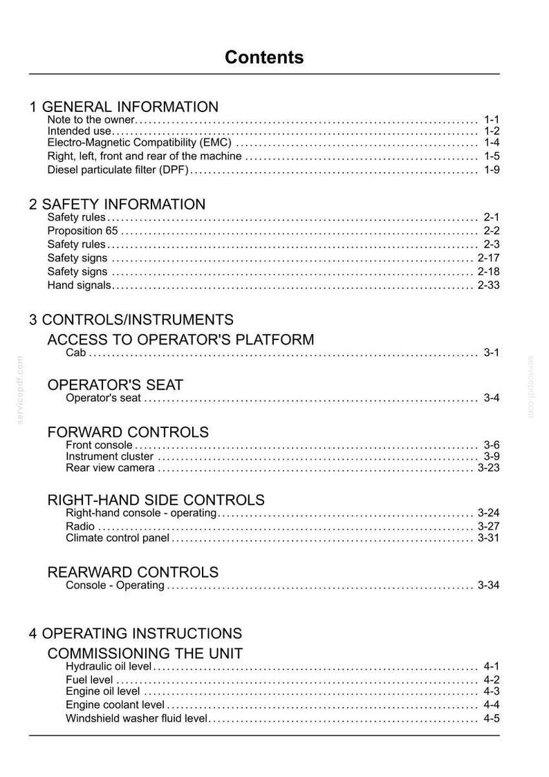 May include: A black and white table of contents page from a technical manual. The text lists sections including General Information, Safety Information, Controls/Instruments, and Operating Instructions with corresponding page numbers for each topic.