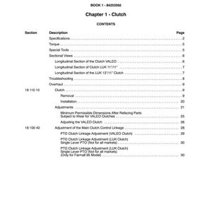 May include: A page from a manual titled "SECTION 18 - CLUTCH" with a table of contents. The table lists sections such as "Specifications", "Torque", and "Adjustments". The page number is 7.
