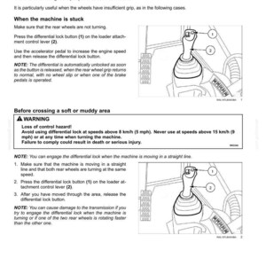 May include: A technical manual page titled 4-OPERATING INSTRUCTIONS detailing the differential lock button. It includes text warnings about speed limits of 5 mph and 15 mph, and diagrams showing a loader attachment control lever with a button.