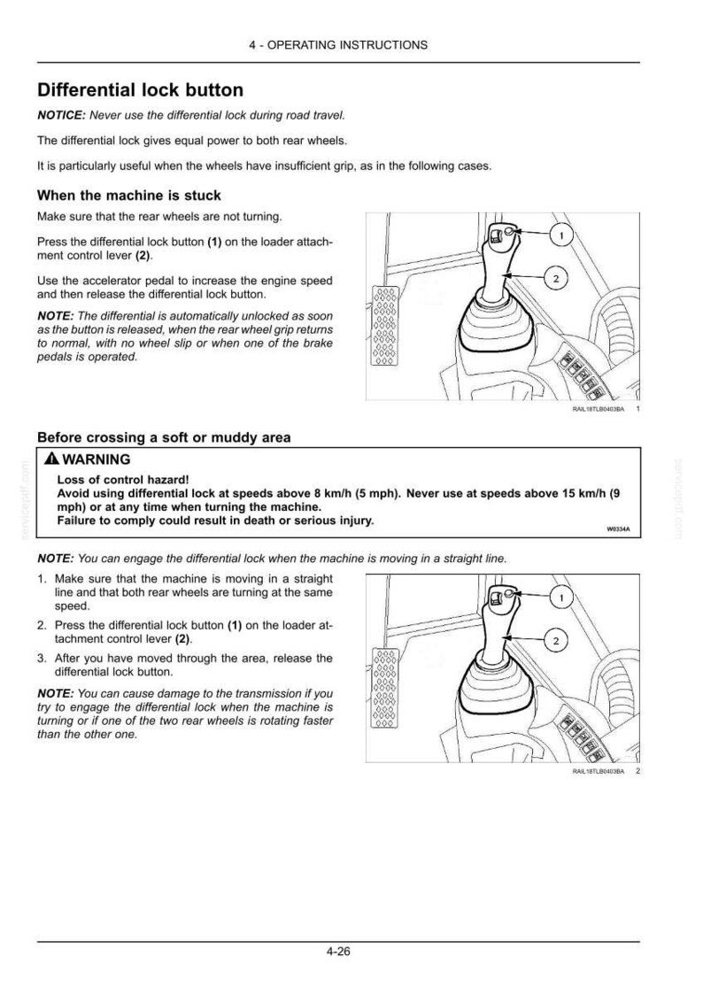 May include: A technical manual page titled 4-OPERATING INSTRUCTIONS detailing the differential lock button. It includes text warnings about speed limits of 5 mph and 15 mph, and diagrams showing a loader attachment control lever with a button.