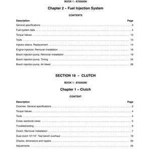 Puede incluir: Una p&aacute;gina de manual con los t&iacute;tulos &laquo; SECCI&Oacute;N 10 - MOTOR &raquo; y &laquo; SECCI&Oacute;N 18 - EMBRAGUE &raquo;. El contenido detalla los sistemas de inyecci&oacute;n y embrague, con n&uacute;meros de p&aacute;gina.