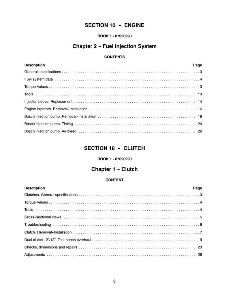 Puede incluir: Una p&aacute;gina de manual con los t&iacute;tulos &laquo; SECCI&Oacute;N 10 - MOTOR &raquo; y &laquo; SECCI&Oacute;N 18 - EMBRAGUE &raquo;. El contenido detalla los sistemas de inyecci&oacute;n y embrague, con n&uacute;meros de p&aacute;gina.