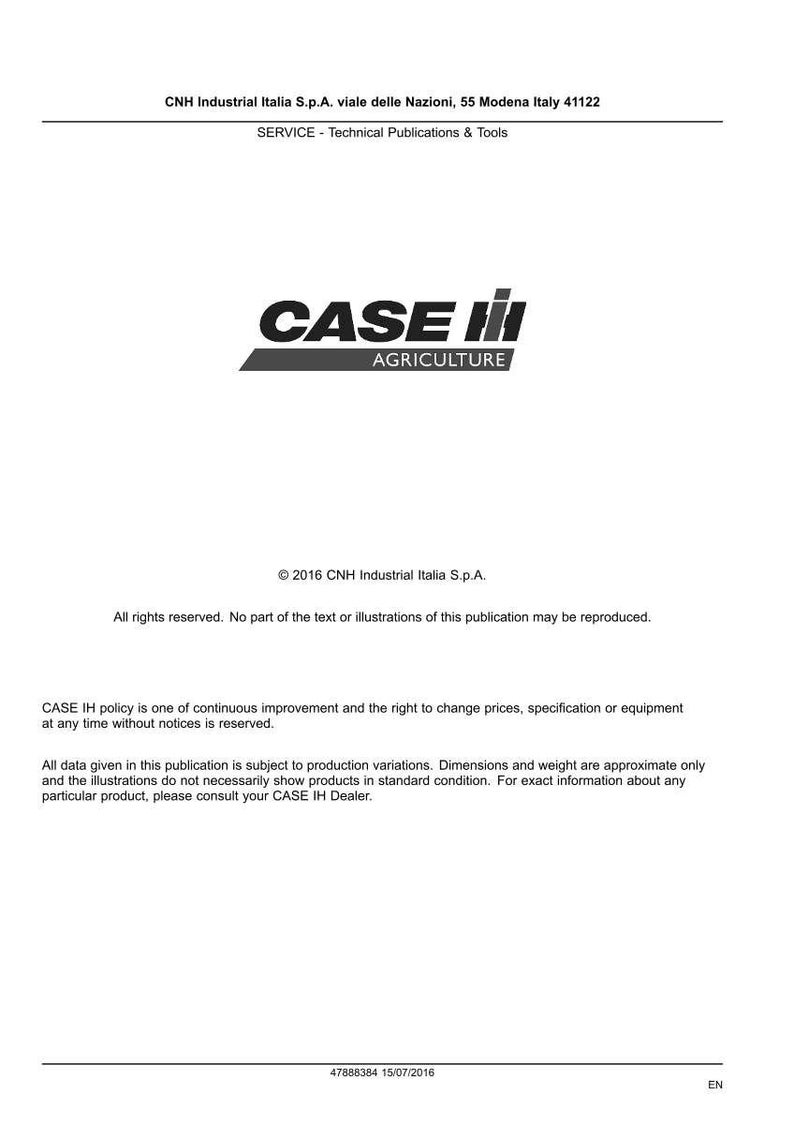 May include: A white document with the CASE IH AGRICULTURE logo in black and red. The document includes text about technical publications and tools, copyright information, and a disclaimer about product variations.