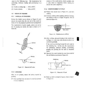 May include: A technical document page titled 4. REPAIR detailing welding procedures. It includes text instructions for crack removal, grinding, and weld reinforcement, alongside diagrams labeled Figure 4-1, 4-2, and 4-3 showing crack repair methods.