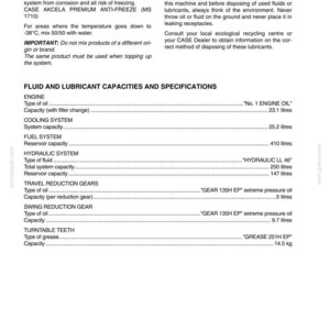 May include: A page from a manual detailing fluid and lubricant capacities and specifications. Includes sections on anti-freeze, environment, engine oil, cooling system, fuel system, and hydraulic system. Measurements are in liters and kilograms.