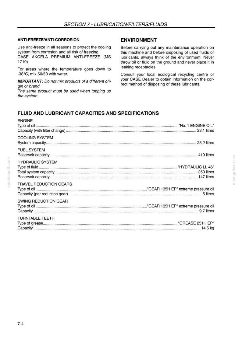 May include: A page from a manual detailing fluid and lubricant capacities and specifications. Includes sections on anti-freeze, environment, engine oil, cooling system, fuel system, and hydraulic system. Measurements are in liters and kilograms.