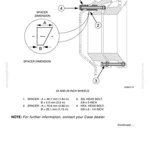 May include: Diagram of tire wheel components, including spacers and bolts. The image provides measurements for spacers A and B in inches and millimeters. The text includes information about the components and their dimensions.