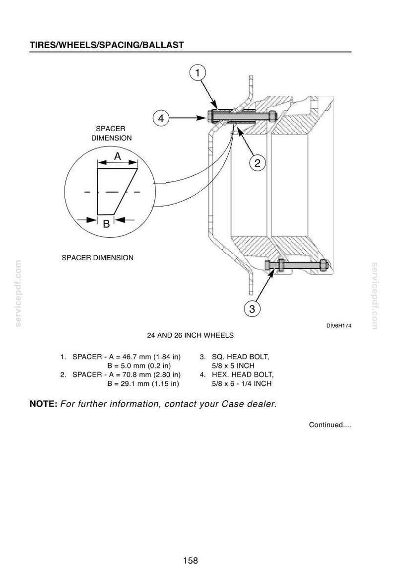 May include: Diagram of tire wheel components, including spacers and bolts. The image provides measurements for spacers A and B in inches and millimeters. The text includes information about the components and their dimensions.