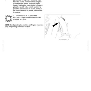 May include: A technical manual page titled 3-CONTROLS/INSTRUMENTS featuring a diagram of an F-N-R switch and a transmission downshift button. The text explains the operation of the F-N-R switch for forward, neutral, and reverse transmission settings.