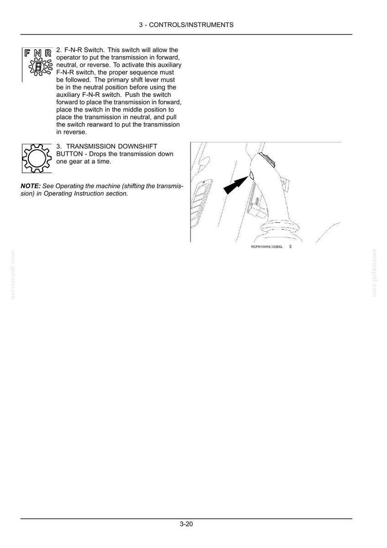 May include: A technical manual page titled 3-CONTROLS/INSTRUMENTS featuring a diagram of an F-N-R switch and a transmission downshift button. The text explains the operation of the F-N-R switch for forward, neutral, and reverse transmission settings.