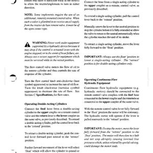 May include: A technical manual page titled CONTROLS, INSTRUMENTS AND OPERATION, page 25. It contains detailed instructions for operating single-acting cylinders, double-acting cylinders, and continuous flow hydraulic equipment, including safety warnings.
