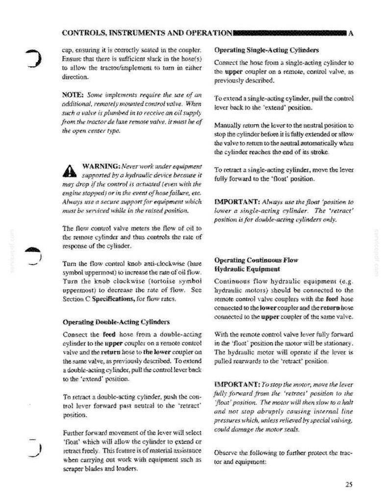 May include: A technical manual page titled CONTROLS, INSTRUMENTS AND OPERATION, page 25. It contains detailed instructions for operating single-acting cylinders, double-acting cylinders, and continuous flow hydraulic equipment, including safety warnings.