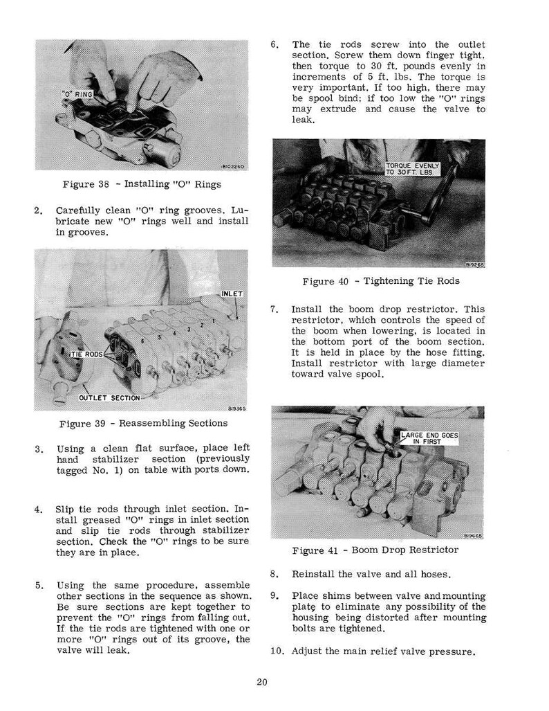 May include: Black and white technical diagrams with text instructions for assembling and maintaining machinery components. Figures show steps for installing O-rings, tightening tie rods, and reassembling sections. The diagrams include labels and measurements.