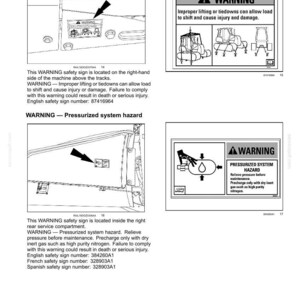 May include: A page from a manual with safety information. It includes warnings about crush hazards and pressurized systems. The warnings are accompanied by diagrams and text, with English safety sign numbers.