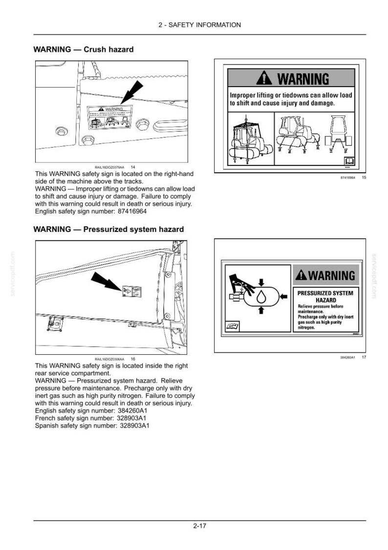 May include: A page from a manual with safety information. It includes warnings about crush hazards and pressurized systems. The warnings are accompanied by diagrams and text, with English safety sign numbers.