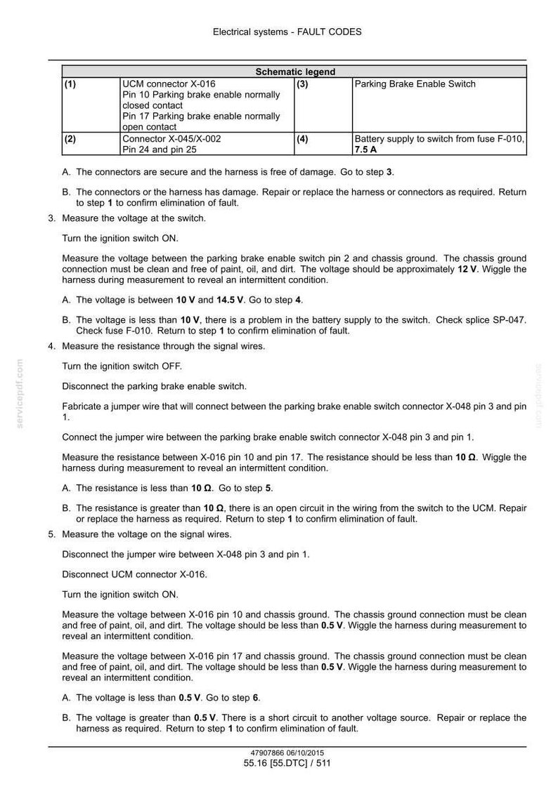 May include: A detailed diagram of electrical system fault codes, including a schematic legend with connector and switch details. Instructions for voltage and resistance measurements are provided to diagnose and resolve issues.