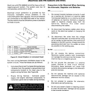 K&ouml;nnte beinhalten: Eine Seite aus einem Handbuch, das ein 24-Volt-Elektrosystem beschreibt, einschlie&szlig;lich Schutzschaltern, Kabelb&auml;umen und Sicherheitshinweisen. Der Text enth&auml;lt Diagramme und Warnungen zu elektrischen Arbeiten.